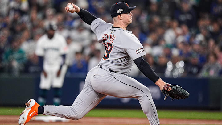 Tigers pitcher Tarik Skubal throws against Mariners during the first inning of ALDS Game 5 
