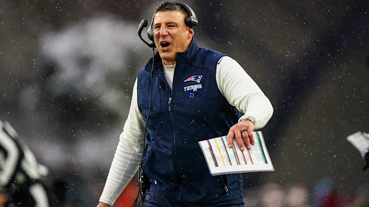 Dec 14, 2025; Foxborough, Massachusetts, USA; New England Patriots head coach Mike Vrabel reacts from the sideline as they take on the Buffalo Bills at Gillette Stadium.