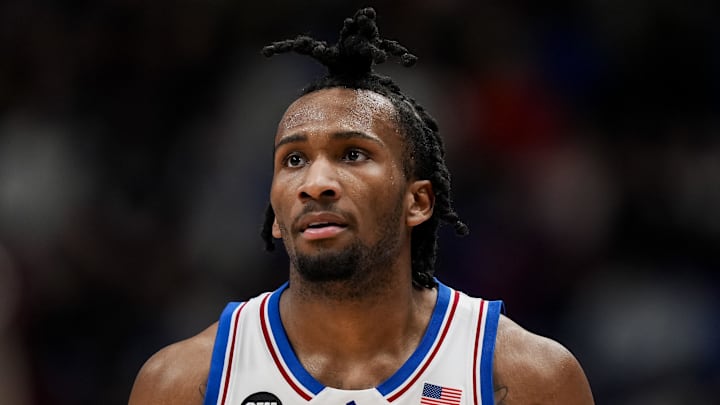Jan 24, 2026; Columbia, Missouri, USA; Kansas Jayhawks guard Darryn Peterson (22) reacts during the first half against the BYU Cougars at Mizzou Arena. Mandatory Credit: Jay Biggerstaff-Imagn Images