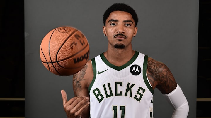 Sep 29, 2025; Milwaukee, WI, USA; Milwaukee Bucks guard Gary Harris (11) poses for a picture during Milwaukee Bucks Media Day at the Fiserv Forum.  Mandatory Credit: Benny Sieu-Imagn Images