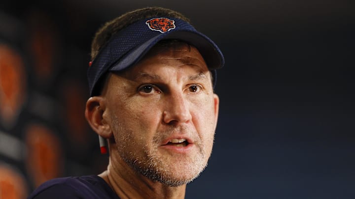 Jul 23, 2025; Lake Forest, IL, USA; Chicago Bears defensive coordinator Dennis Allen speaks during training camp at Halas Hall. Mandatory Credit: Kamil Krzaczynski-Imagn Images