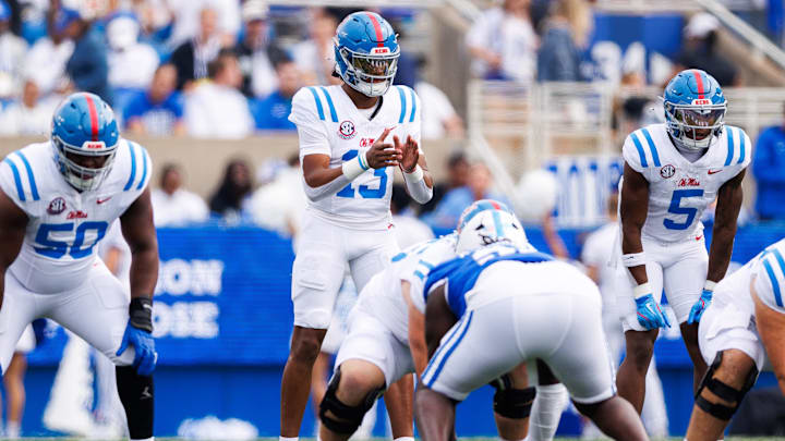 Sep 6, 2025; Lexington, Kentucky, USA; Mississippi Rebels quarterback Austin Simmons (13) waits for the snap during the first quarter against the Kentucky Wildcats at Kroger Field. Mandatory Credit: Jordan Prather-Imagn Images