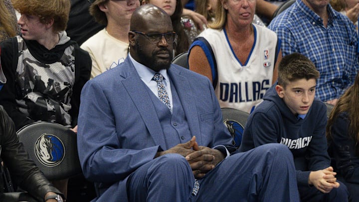 May 28, 2024; Dallas, Texas, USA; Shaquille O'Neal watches the game between the Dallas Mavericks and the Minnesota Timberwolves in game four of the western conference finals for the 2024 NBA playoffs at American Airlines Center. Mandatory Credit: Jerome Miron-Imagn Images