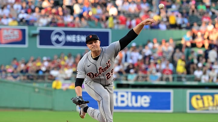 Aug 11, 2023; Boston, Massachusetts, USA; Detroit Tigers starting pitcher Tarik Skubal (29) pitches against the Boston Red Sox during the first inning at Fenway Park. Mandatory Credit: Eric Canha-Imagn Images