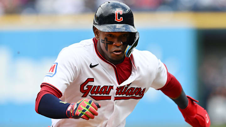 May 13, 2026: Cleveland Guardians center fielder Angel Martinez (1) steals third base during the third inning against the Los Angeles Angels at Progressive Field. 