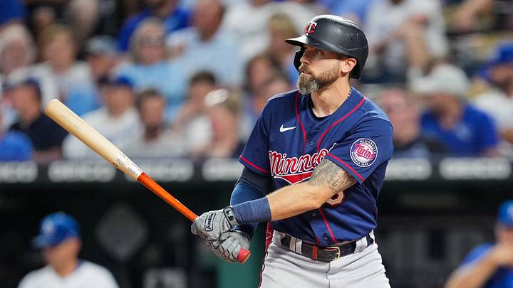 Sep 20, 2022; Kansas City, Missouri, USA; Minnesota Twins left fielder Jake Cave (8) bats against the Kansas City Royals during the second inning at Kauffman Stadium. Mandatory Credit: Jay Biggerstaff-Imagn Images
