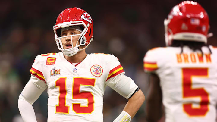 Feb 9, 2025; New Orleans, LA, USA;  Kansas City Chiefs quarterback Patrick Mahomes (15) reacts in the fourth quarter against the Philadelphia Eagles in Super Bowl LIX at Ceasars Superdome. Mandatory Credit: Mark J. Rebilas-Imagn Images