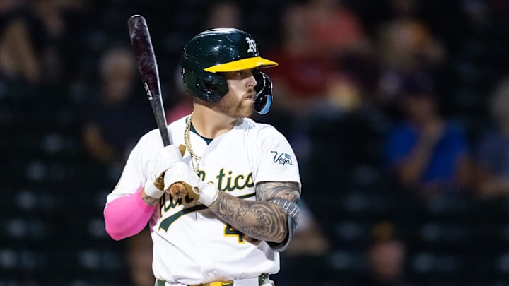 Nov 9, 2025; Mesa, AZ, USA; Oakland Athletics infielder Tommy White during the Arizona Fall League Fall Stars Game at Sloan Park. Mandatory Credit: Mark J. Rebilas-Imagn Images