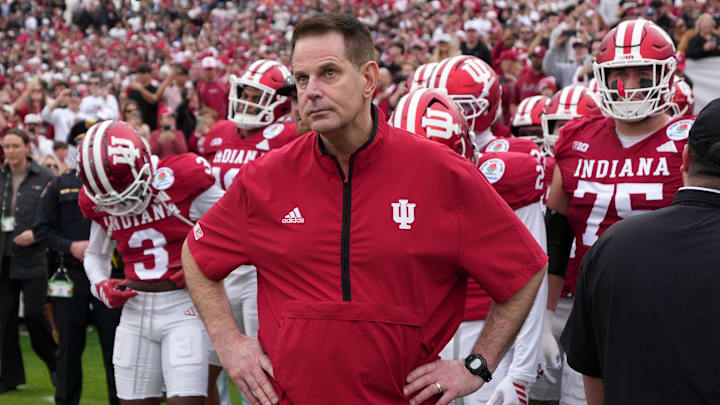 Jan 1, 2026; Pasadena, CA, USA; Indiana Hoosiers head coach Curt Cignetti looks on before the 2026 Rose Bowl and quarterfinal game of the College Football Playoff against the Alabama Crimson Tide at Rose Bowl Stadium. Mandatory Credit: Kirby Lee-Imagn Images