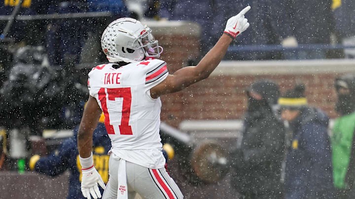 Ohio State Buckeyes wide receiver Carnell Tate (17) celebrates a touchdown catch during the NCAA football game against the Michigan Wolverines at Michigan Stadium in Ann Arbor, Mich. on Nov. 29, 2025. Ohio State won 27-9.