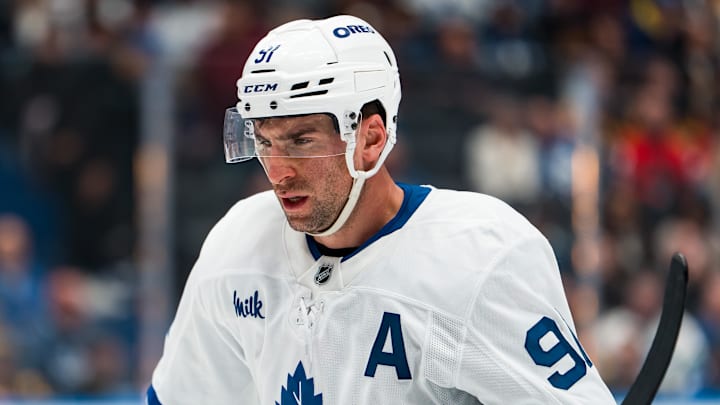 Jan 31, 2026; Vancouver, British Columbia, CAN; Toronto Maple Leafs forward John Tavares (91) during a stop in play against the Vancouver Canucks in the third period at Rogers Arena. Mandatory Credit: Bob Frid-Imagn Images Jan 31, 2026; Vancouver, British Columbia, CAN; Toronto Maple Leafs forward John Tavares (91) during a stop in play against the Vancouver Canucks in the third period at Rogers Arena. Mandatory Credit: Bob Frid-Imagn Images