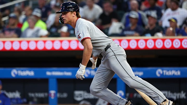 Sep 20, 2025: Cleveland Guardians center fielder Petey Halpin (0) hits a single for his first Major League hit against the Minnesota Twins during the fifth inning of game two of a double header at Target Field. Sep 20, 2025: Cleveland Guardians center fielder Petey Halpin (0) hits a single for his first Major League hit against the Minnesota Twins during the fifth inning of game two of a double header at Target Field.