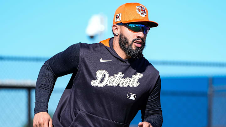 Detroit Tigers infielder Gleyber Torres practices during spring training at TigerTown in Lakeland, Fla. on Monday, Feb. 17, 2025.