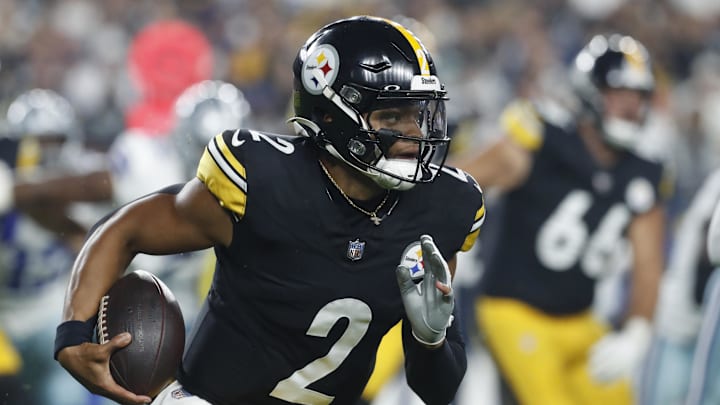 Oct 6, 2024; Pittsburgh, Pennsylvania, USA; Pittsburgh Steelers quarterback Justin Fields (2) runs the ball against the Dallas Cowboys during the first quarter at Acrisure Stadium. Mandatory Credit: Charles LeClaire-Imagn Images Oct 6, 2024; Pittsburgh, Pennsylvania, USA; Pittsburgh Steelers quarterback Justin Fields (2) runs the ball against the Dallas Cowboys during the first quarter at Acrisure Stadium. Mandatory Credit: Charles LeClaire-Imagn Images