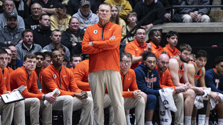 Jan 24, 2026; West Lafayette, Indiana, USA; Illinois Fighting Illini head coach Brad Underwood looks at a referee during the first half of a game against the Purdue Boilermakers at Mackey Arena. Mandatory Credit: Jacob Musselman-Imagn Images