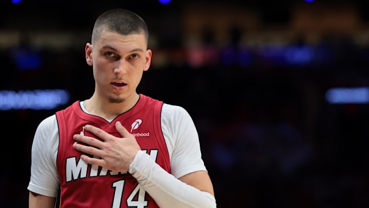 Miami Heat guard Tyler Herro (14) looks on against the Phoenix Suns during the second quarter at Kaseya Center. 