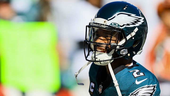 Oct 27, 2024; Cincinnati, Ohio, USA; Philadelphia Eagles cornerback Darius Slay Jr. (2) during warmups before the game against the Cincinnati Bengals at Paycor Stadium. Mandatory Credit: Katie Stratman-Imagn Images
