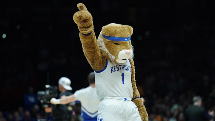 Mar 28, 2025; Indianapolis, IN, USA;The Kentucky Wildcats mascot perform in the second half during a Midwest Regional semifinal of the 2025 NCAA tournament at Lucas Oil Stadium. Mandatory Credit: Robert Goddin-Imagn Images