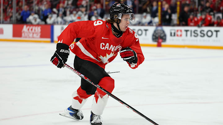 Dec 31, 2025; Minneapolis, Minnesota, UNITED STATES; Canada forward Gavin McKenna (9) in action against Finland during the second period in group play during the 2026 IIHF World Junior Championship at 3M Arena. Mandatory Credit: Matt Krohn-Imagn Images