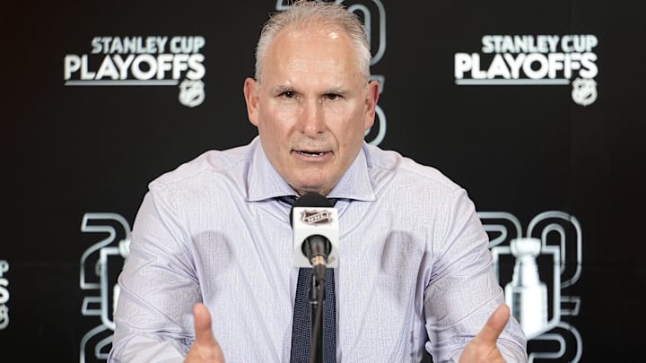 May 5, 2025; Toronto, Ontario, CAN; Toronto Maple Leafs head coach Craig Berube during a post game press conference following game one in the second round of the 2025 Stanley Cup Playoffs against the Florida Panthers at Scotiabank Arena. Mandatory Credit: John E. Sokolowski-Imagn Images