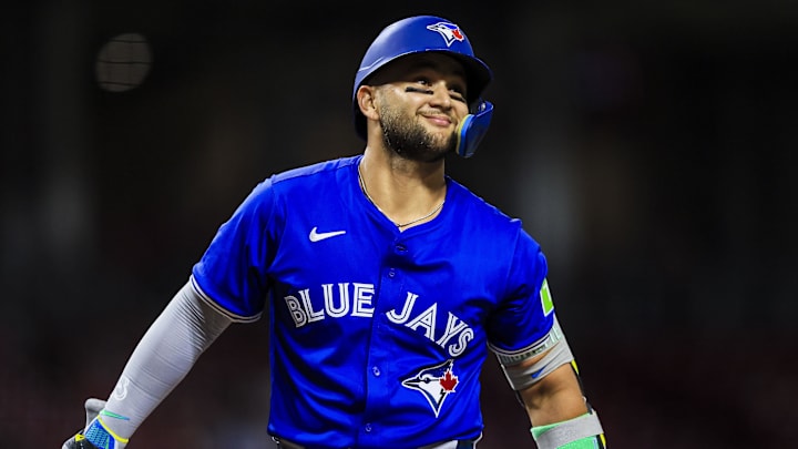 Sep 2, 2025; Cincinnati, Ohio, USA; Toronto Blue Jays shortstop Bo Bichette (11) reacts after a play in the seventh inning against the Cincinnati Reds at Great American Ball Park. Mandatory Credit: Katie Stratman-Imagn Images Sep 2, 2025; Cincinnati, Ohio, USA; Toronto Blue Jays shortstop Bo Bichette (11) reacts after a play in the seventh inning against the Cincinnati Reds at Great American Ball Park. Mandatory Credit: Katie Stratman-Imagn Images
