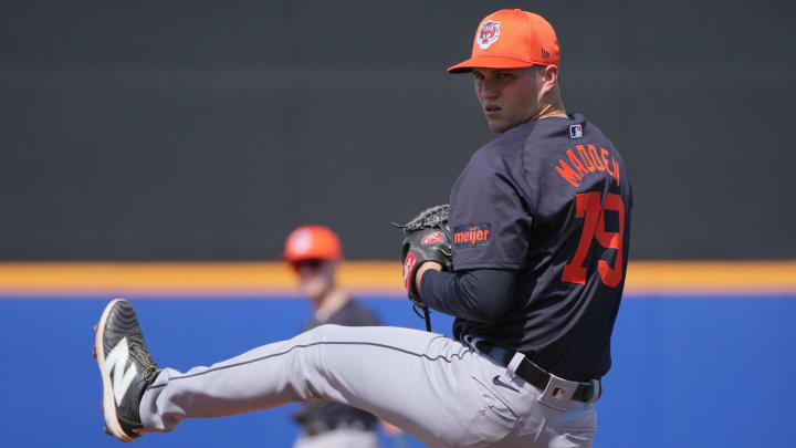 Mar 10, 2024; Port St. Lucie, Florida, USA; Detroit Tigers pitcher Ty Madden (79) warms-up in the eighth inning against the New York Mets at Clover Park. Mandatory Credit: Jim Rassol-USA TODAY Sports Mar 10, 2024; Port St. Lucie, Florida, USA; Detroit Tigers pitcher Ty Madden (79) warms-up in the eighth inning against the New York Mets at Clover Park. Mandatory Credit: Jim Rassol-USA TODAY Sports