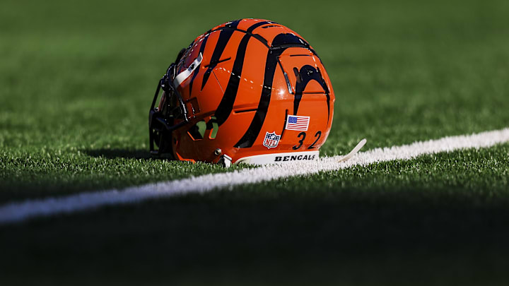 Dec 1, 2024; Cincinnati, Ohio, USA; A general view of the helmet of Cincinnati Bengals running back Trayveon Williams (32) during warmups before the game against the Pittsburgh Steelers at Paycor Stadium. Mandatory Credit: Katie Stratman-Imagn Images