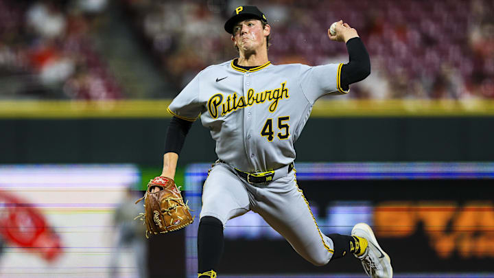 Mar 31, 2026; Cincinnati, Ohio, USA; Pittsburgh Pirates relief pitcher Hunter Barco (45) pitches against the Cincinnati Reds in the seventh inning at Great American Ball Park. Mandatory Credit: Katie Stratman-Imagn Images Mar 31, 2026; Cincinnati, Ohio, USA; Pittsburgh Pirates relief pitcher Hunter Barco (45) pitches against the Cincinnati Reds in the seventh inning at Great American Ball Park. Mandatory Credit: Katie Stratman-Imagn Images