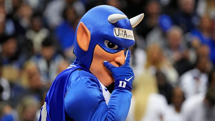 Mar 27, 2025; Newark, NJ, USA; The Duke Blue Devils mascot during the first half during an East Regional semifinal of the 2025 NCAA tournament between the Duke Blue Devils and the Arizona Wildcats at Prudential Center. Mandatory Credit: Robert Deutsch-Imagn Images Mar 27, 2025; Newark, NJ, USA; The Duke Blue Devils mascot during the first half during an East Regional semifinal of the 2025 NCAA tournament between the Duke Blue Devils and the Arizona Wildcats at Prudential Center. Mandatory Credit: Robert Deutsch-Imagn Images