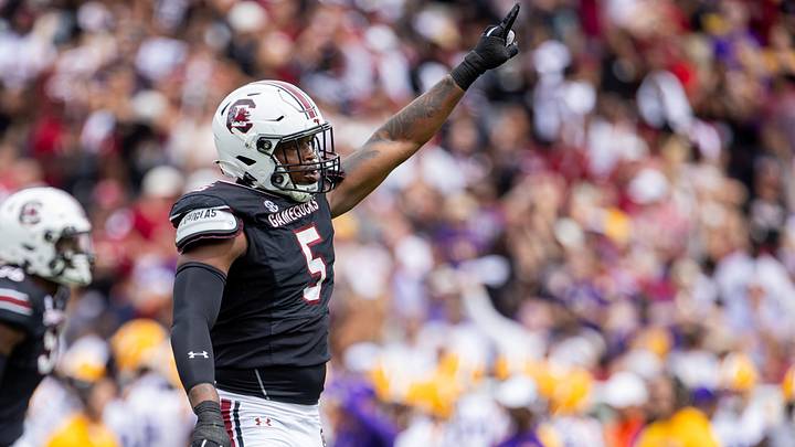 Sep 14, 2024; Columbia, South Carolina, USA; South Carolina Gamecocks edge Kyle Kennard (5) celebrates after a fourth down stop against the LSU Tigers in the third quarter at Williams-Brice Stadium. Mandatory Credit: Scott Kinser-Imagn Images