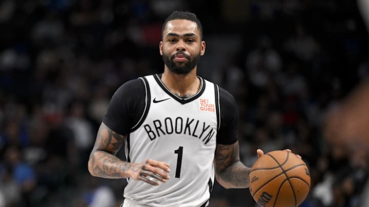 Mar 31, 2025; Dallas, Texas, USA; Brooklyn Nets guard D'Angelo Russell (1) in action during the game between the Dallas Mavericks and the Brooklyn Nets at the American Airlines Center. Mandatory Credit: Jerome Miron-Imagn Images Mar 31, 2025; Dallas, Texas, USA; Brooklyn Nets guard D'Angelo Russell (1) in action during the game between the Dallas Mavericks and the Brooklyn Nets at the American Airlines Center. Mandatory Credit: Jerome Miron-Imagn Images
