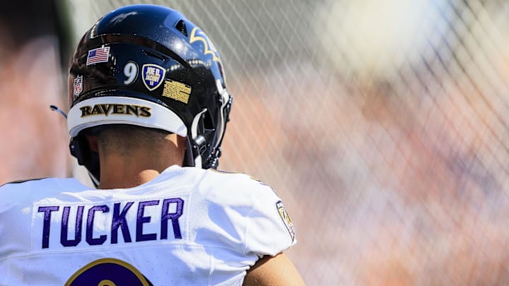 Oct 6, 2024; Cincinnati, Ohio, USA; A general view of the helmet of Baltimore Ravens kicker Justin Tucker (9) as he prepares on the sidelines in the second half against the Cincinnati Bengals at Paycor Stadium.