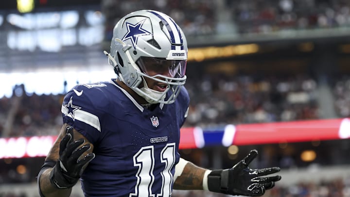Jan 5, 2025; Arlington, Texas, USA;  Dallas Cowboys linebacker Micah Parsons (11) celebrates  after a sack during the first quarter against the Washington Commanders at AT&T Stadium. Mandatory Credit: Kevin Jairaj-Imagn Images