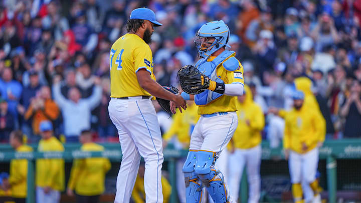May 11, 2024; Boston, Massachusetts, USA; Boston Red Sox pitcher Kenley Jansen (74) and catcher Reese McGuire (3) celebrate the victory after the ninth inning against the Washington Nationals at Fenway Park. Mandatory Credit: Gregory Fisher-USA TODAY Sports May 11, 2024; Boston, Massachusetts, USA; Boston Red Sox pitcher Kenley Jansen (74) and catcher Reese McGuire (3) celebrate the victory after the ninth inning against the Washington Nationals at Fenway Park. Mandatory Credit: Gregory Fisher-USA TODAY Sports