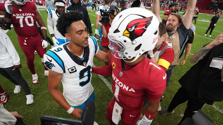 Arizona Cardinals quarterback Kyler Murray (1) greets Carolina Panthers quarterback Bryce Young Arizona Cardinals quarterback Kyler Murray (1) greets Carolina Panthers quarterback Bryce Young