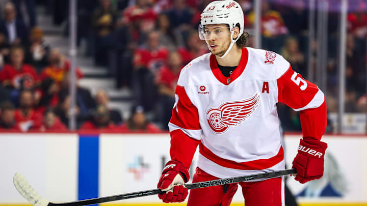 Dec 10, 2025; Calgary, Alberta, CAN; Detroit Red Wings defenseman Moritz Seider (53) against the Calgary Flames during the first period at Scotiabank Saddledome. Mandatory Credit: Sergei Belski-Imagn Images