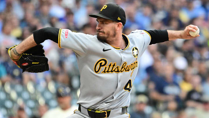 Aug 11, 2025; Milwaukee, Wisconsin, USA;  Pittsburgh Pirates starting pitcher Andrew Heaney (45) throws a pitch in the first inning against the Milwaukee Brewers at American Family Field. Mandatory Credit: Benny Sieu-Imagn Images