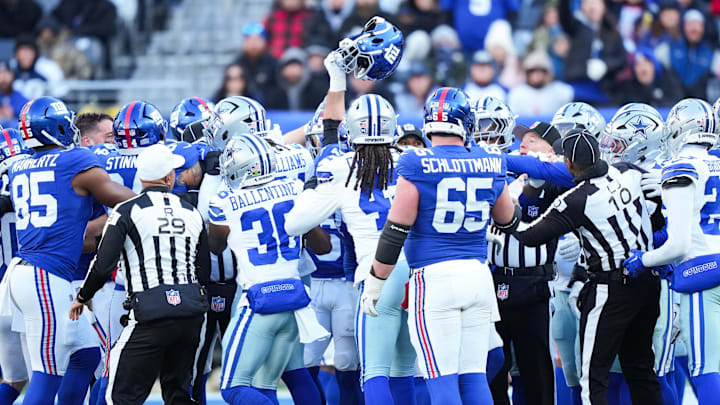 A scuffle breaks out on the field during the third quarter between the New York Giants and the Dallas Cowboys at MetLife Stadium.