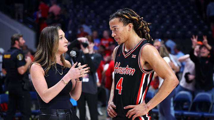 Houston Cougars guard Kingston Flemings is interviewed after their victory against the Auburn Tigers at Legacy Arena at BJCC.