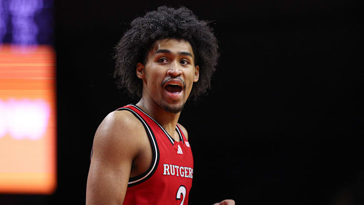 Jan 9, 2025; Piscataway, New Jersey, USA; Rutgers Scarlet Knights guard Dylan Harper (2) reacts during the first half against the Purdue Boilermakers at Jersey Mike's Arena. Mandatory Credit: Vincent Carchietta-Imagn Images