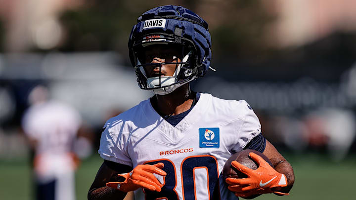 Jul 23, 2025; Englewood, CO, USA; Denver Broncos wide receiver Joaquin Davis (80) during Denver Broncos Training Camp. Mandatory Credit: Isaiah J. Downing-Imagn Images