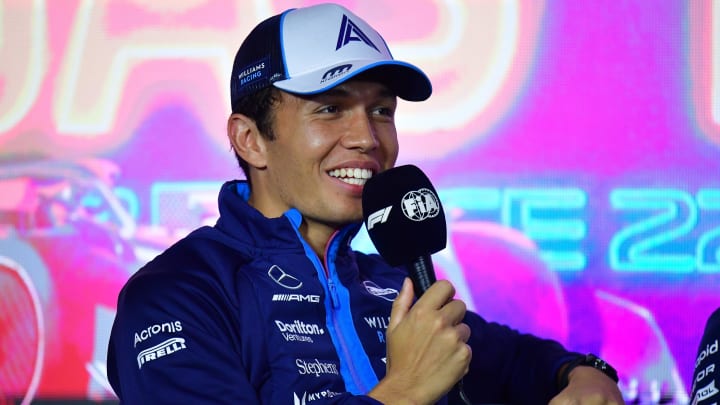 Nov 15, 2023; Las Vegas, Nevada, USA; Williams Racing driver Alexander Albon of Thailand speaks during media availabilities at Las Vegas Strip Circuit. Mandatory Credit: Gary A. Vasquez-USA TODAY Sports