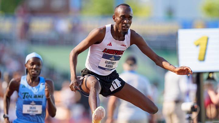 Louisville’s Geoffrey Kirwa wins the men’s 3,000-meter steeplechase during the NCAA Outdoor Track & Field Championships on June 12, 2026, at Hayward Field in Eugene, Oregon. Louisville’s Geoffrey Kirwa wins the men’s 3,000-meter steeplechase during the NCAA Outdoor Track & Field Championships on June 12, 2026, at Hayward Field in Eugene, Oregon.