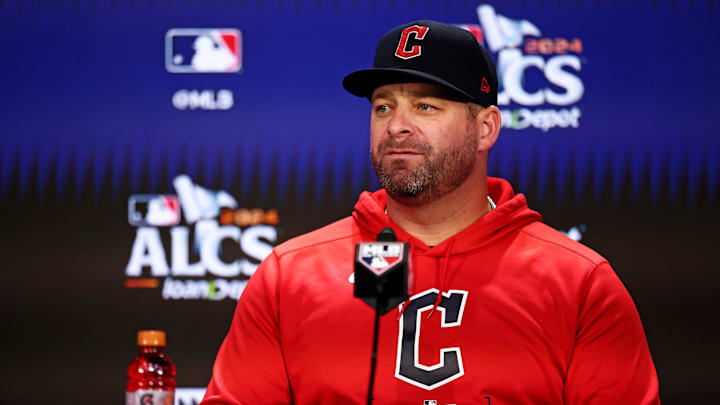 Oct 14, 2024; Bronx, New York, USA; Cleveland Guardians manager Stephen Vogt  listens during a press conference before playing against the New York Yankees in game one of the ALCS for the 2024 MLB Playoffs at Yankee Stadium.