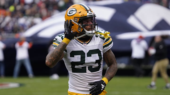 Nov 17, 2024; Chicago, Illinois, USA; Green Bay Packers cornerback Jaire Alexander (23) gestures to the fans before the game against the Chicago Bears at Soldier Field. Mandatory Credit: David Banks-Imagn Images Nov 17, 2024; Chicago, Illinois, USA; Green Bay Packers cornerback Jaire Alexander (23) gestures to the fans before the game against the Chicago Bears at Soldier Field. Mandatory Credit: David Banks-Imagn Images
