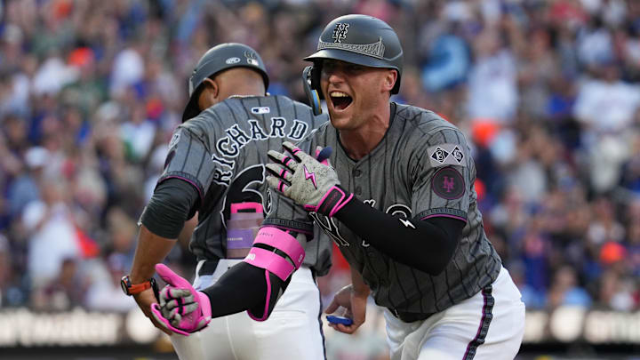 Sep 21, 2024; New York City, New York, USA; New York Mets left fielder Brandon Nimmo (9) celebrates a single during the game against the Philadelphia Phillies at Citi Field. Mandatory Credit: Lucas Boland-Imagn Images