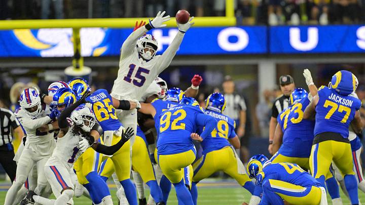 Oct 12, 2026; Inglewood, California, USA; Buffalo Bills linebacker Greg Rousseau (15) blocks a field goal from Los Angeles Rams place kicker Harrison Mevis (92) during overtime at SoFi Stadium. Mandatory Credit: Jayne Kamin-Oncea-Imagn Images Oct 12, 2026; Inglewood, California, USA; Buffalo Bills linebacker Greg Rousseau (15) blocks a field goal from Los Angeles Rams place kicker Harrison Mevis (92) during overtime at SoFi Stadium. Mandatory Credit: Jayne Kamin-Oncea-Imagn Images