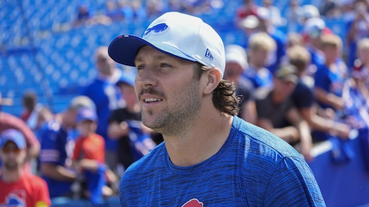 Buffalo Bills quarterback Josh Allen before an NFL preseason game on August 10, 2025. Buffalo Bills quarterback Josh Allen before an NFL preseason game on August 10, 2025.