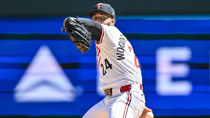 Minnesota Twins pitcher Simeon Woods Richardson throws a pitch against the Los Angeles Angels during the second inning at Target Field in Minneapolis on April 26, 2025.