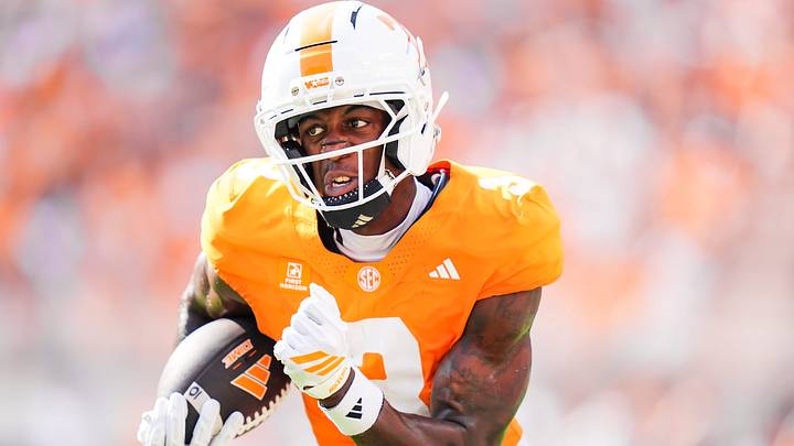 Tennessee wide receiver Radarious Jackson (3) runs down the sideline with the ball after a catch during a college football game between Tennessee and Furman in Neyland Stadium in Knoxville, Tenn., on Sept. 5, 2026.